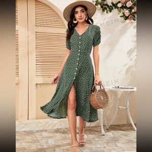 SHEIN Olive Floral Button-Up Midi Dress